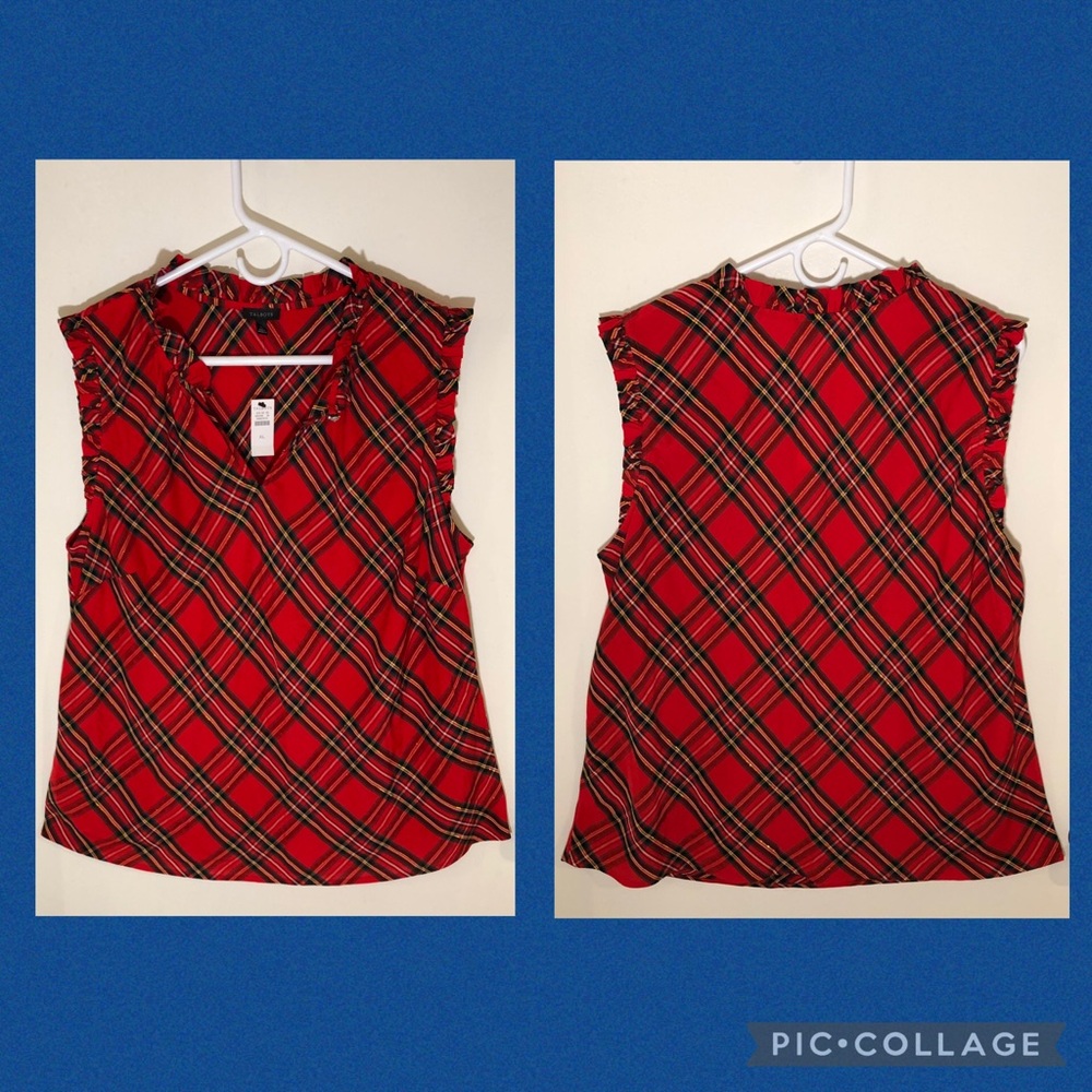 NWT Talbots Dancer Plaid Ruffle Trim Shell, Metallic Thread